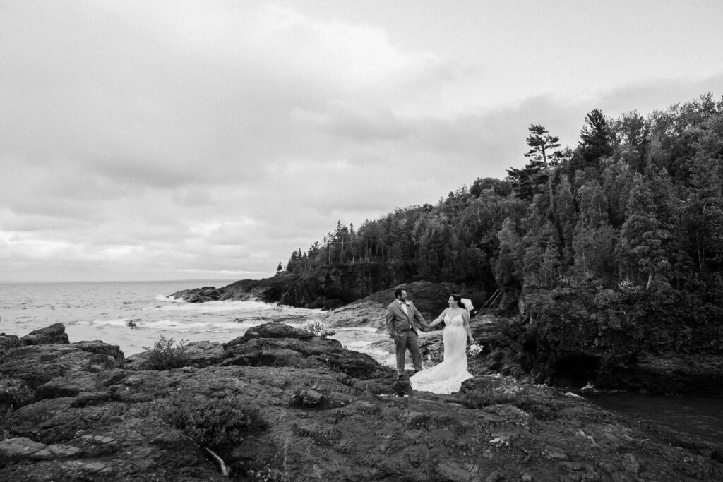 black and white photo on Black Rocks Marquette, MI