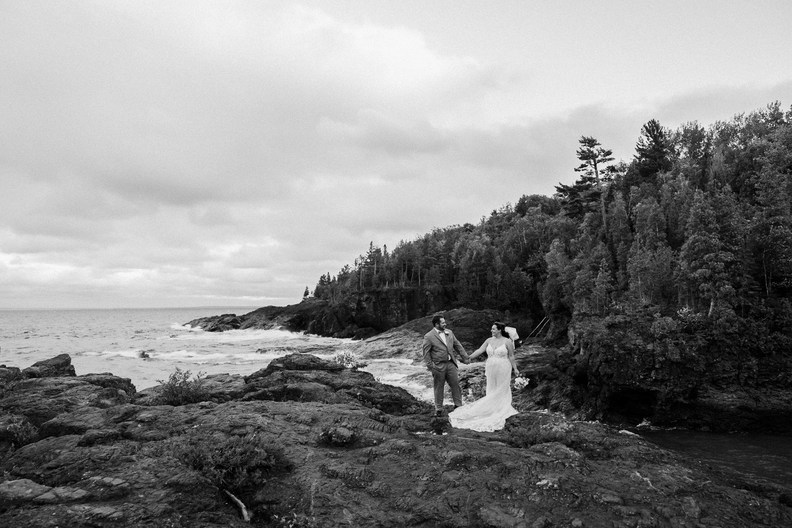 black and white photo on Black Rocks Marquette, MI