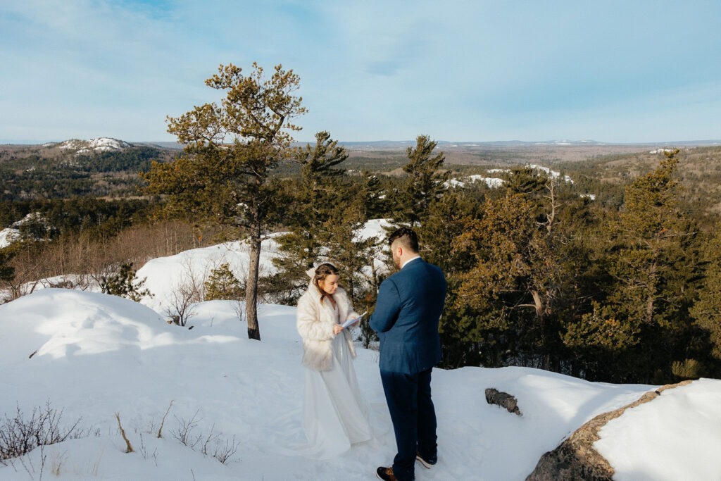 bride and groom standing on a mountain with trees, blue sky and snow in the background